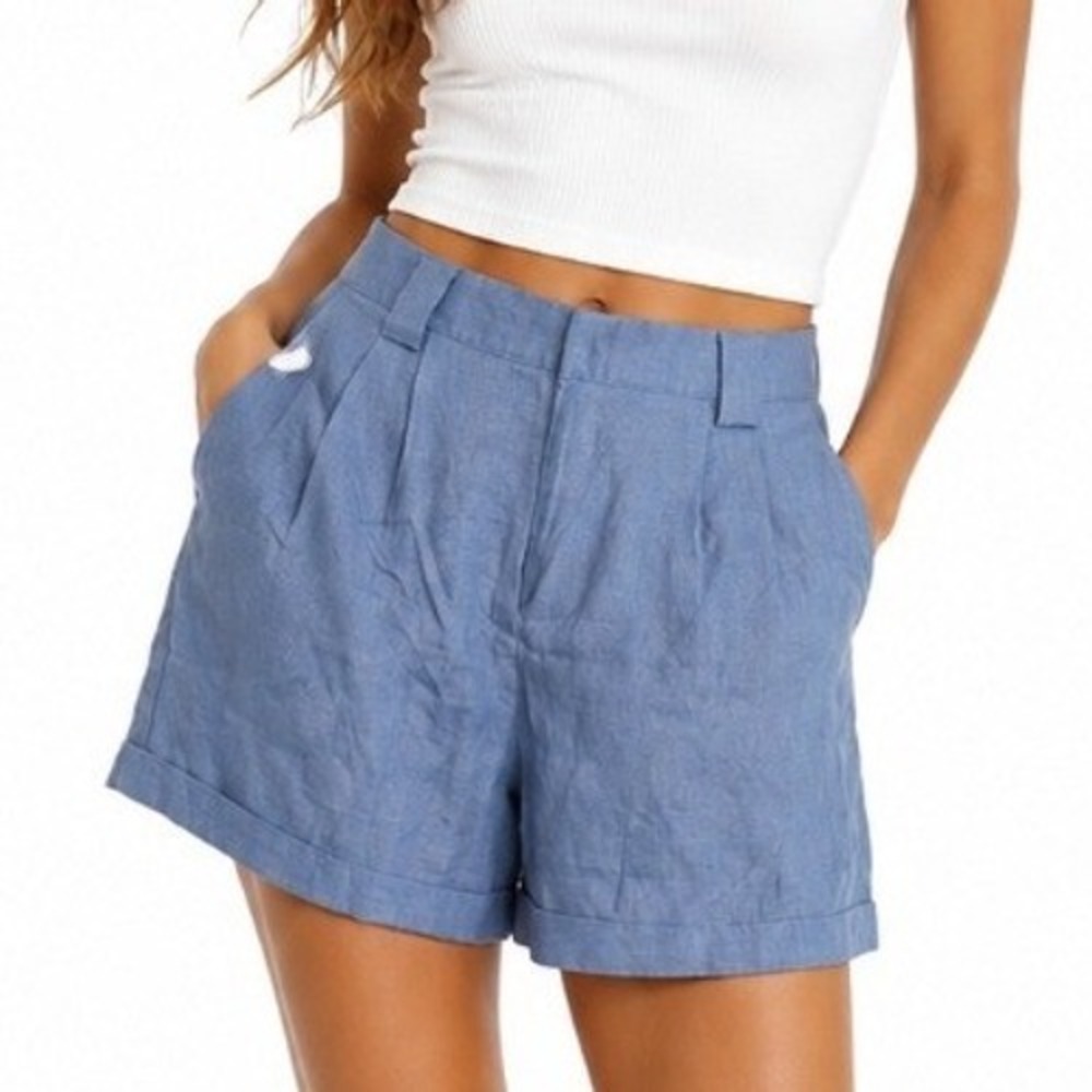 Crescent Womens Light Blue 100% Linen Pleated High Rise Shorts Size S NEW
